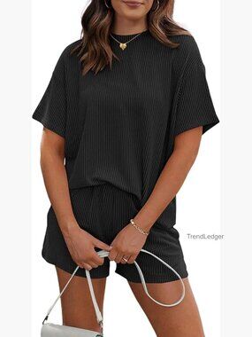Ribbed Knit Lounge Set with Pockets, Loose Fit Shorts & Top